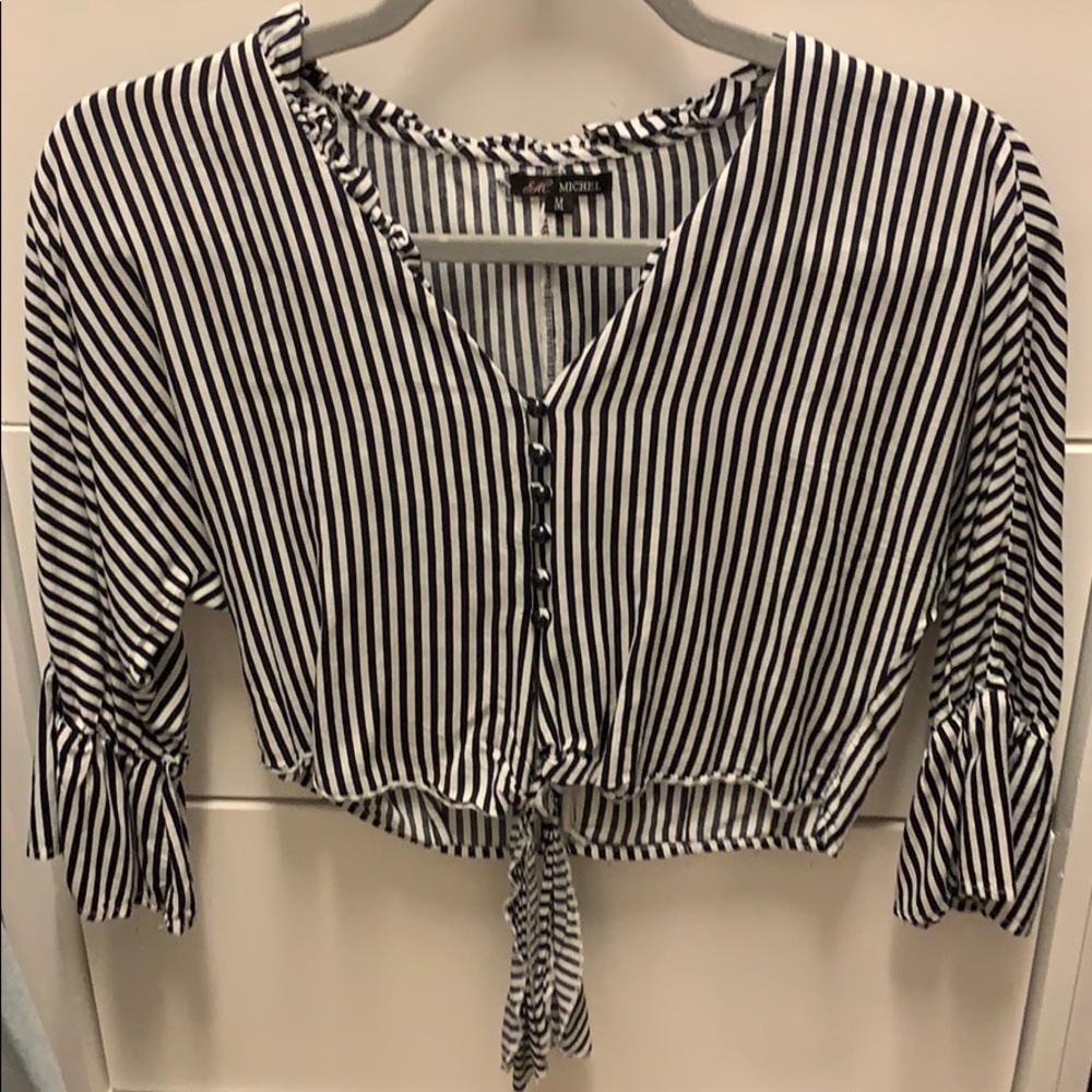 Love culture blue and white bell sleeve blouse
